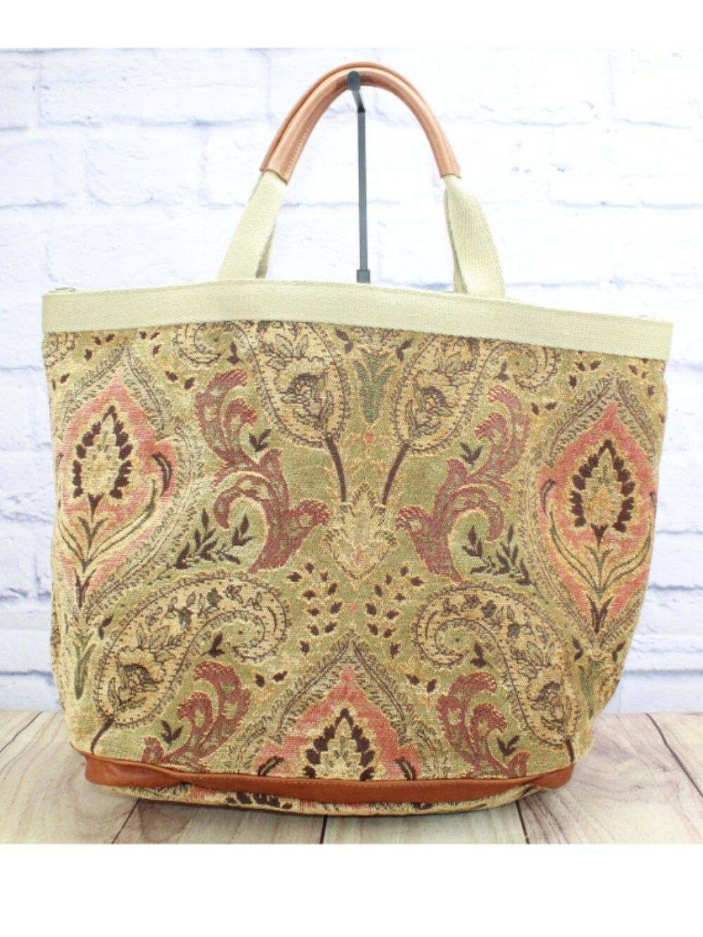 Vintage Tapestry Paisley Floral Brown Leather Trim Travel Shopper Bag Tote